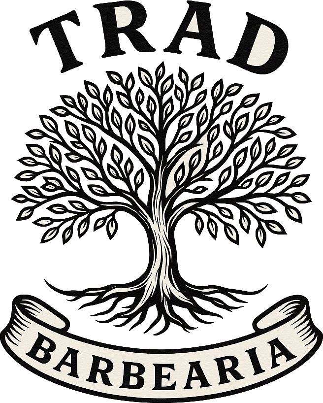 Logo TRAD Barbearia Tradicional: árvore com raízes e faixa
